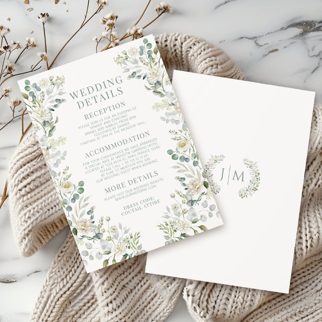 Feuille vert Roses blanches Mariage Détails Cartes (Créateur téléchargé)