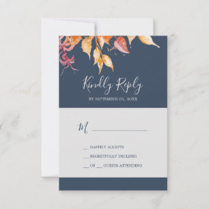 Feuilles automnales   Carte RSVP simple bleu marin