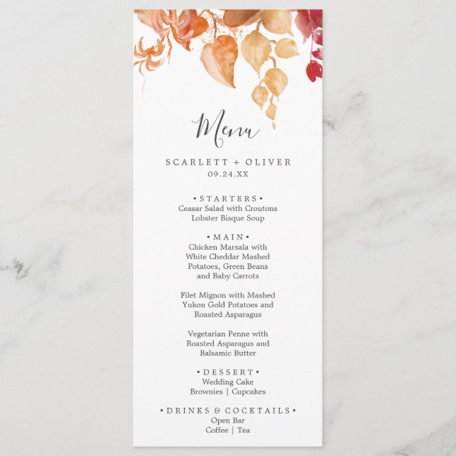 Feuilles automnales | Menu Mariage blanc et bourgu (Devant)
