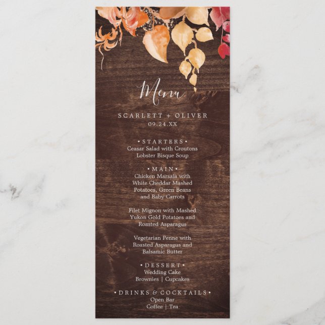 Feuilles automnales | Menu Rustique Brown Wood Mar (Devant)