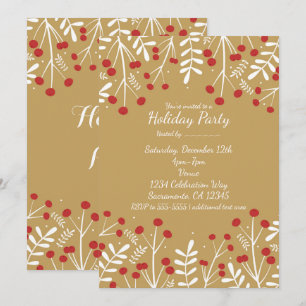 Feuilles blancs & Berries Gold Holiday Invitations