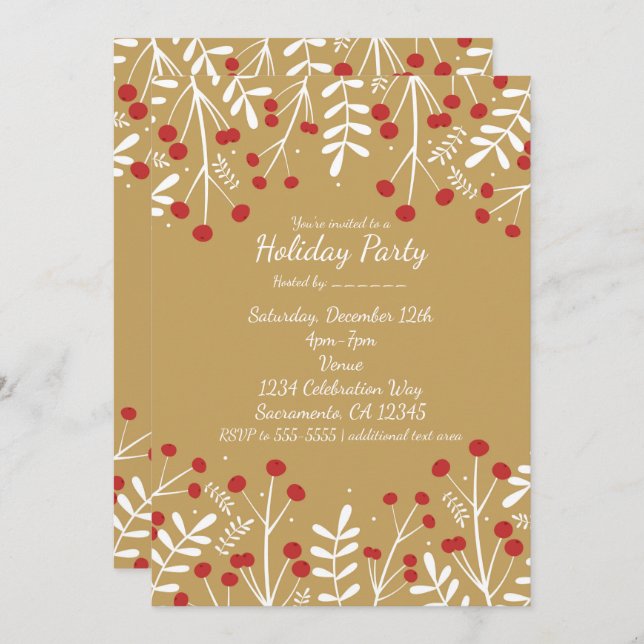 Feuilles blancs & Berries Gold Holiday Invitations (Devant / Derrière)