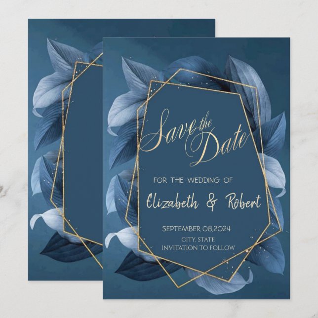 Feuilles Bleues Cadre Doré Carte de Préannonce (Devant / Derrière)