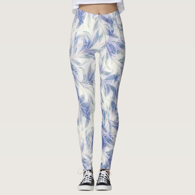 Feuilles bleues Vintage Motif Nature Leggings (Devant)
