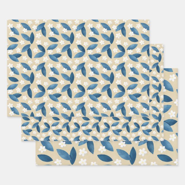 Feuilles bleus et fleurs blanches sur Arrière - pl (Lot)