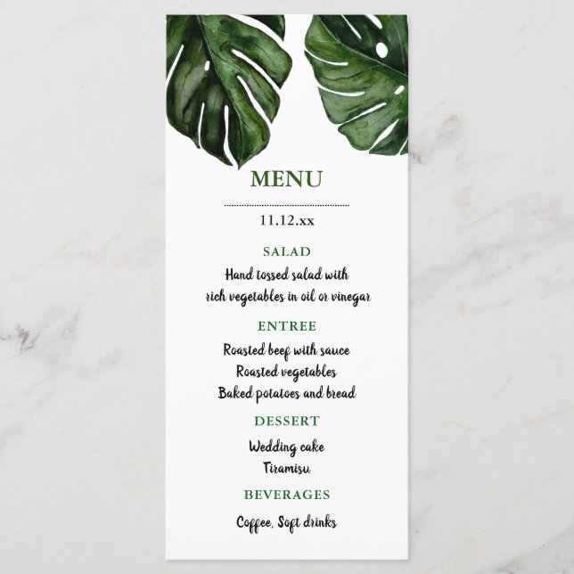 Feuilles d'aquarelle de Monstera tropicale | Menu  (Devant)