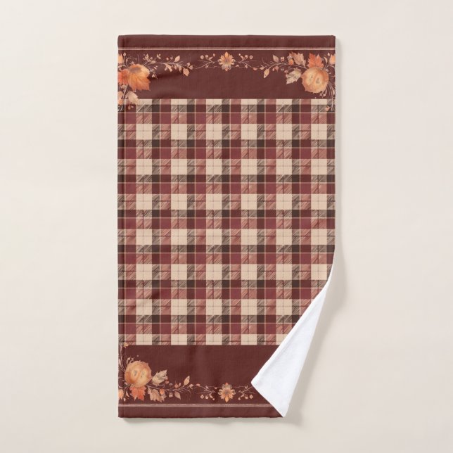 Feuilles d'automne de Thanksgiving sur Brown Plaid (Serviette à main)