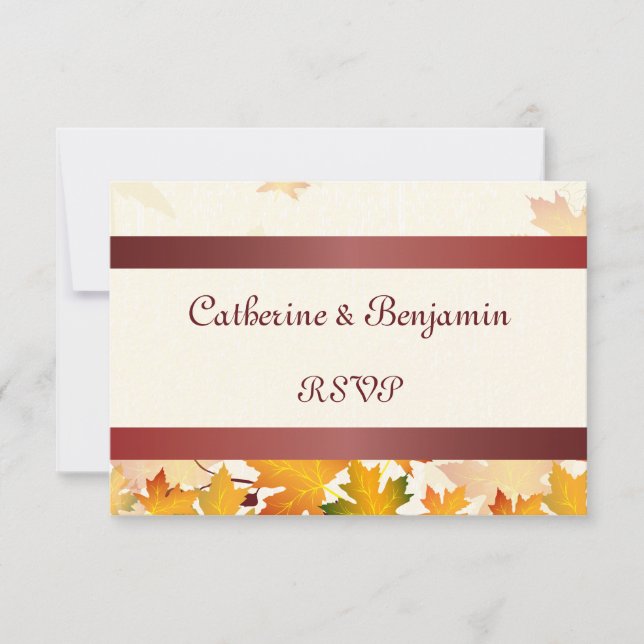 Feuilles d'automne dorées avec mariage rouge RSVP (Devant)