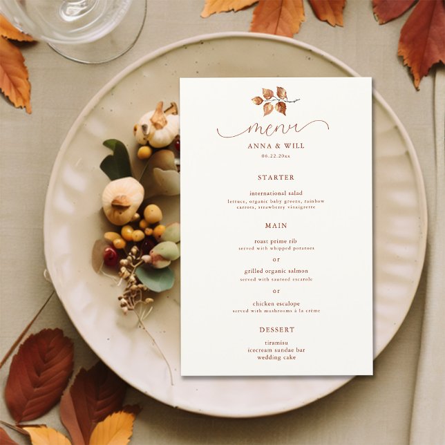 Feuilles d'automne Élégant Mariage de automne en t (autumn fall wedding menu terracotta elegant modern calligraphy bohemian chic simple foliage leaves)