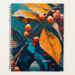 Feuilles d'automne et baies peintes Bois automne n<br><div class="desc">Feuilles d'automne et canneberge Planner. Abstrait bois moderne automne nature huile peinte art dans les couleurs bleu rouge orange.</div>