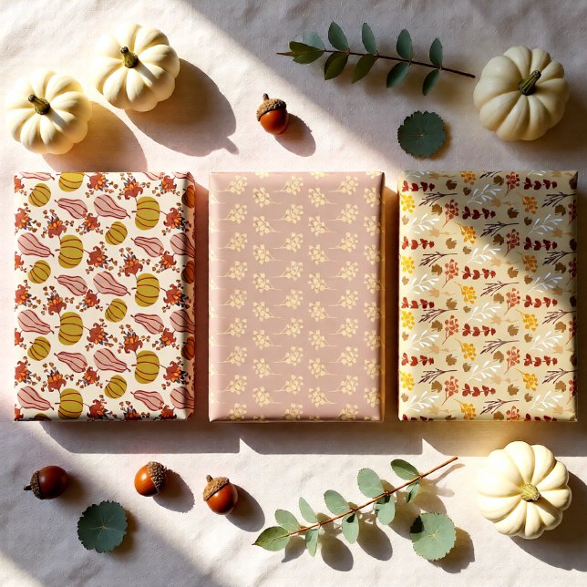 Feuilles d'automne et récolte de citrouilles (Autumn Pumpkin and Floral Fall Set of 3 Wrapping Paper Sheets)