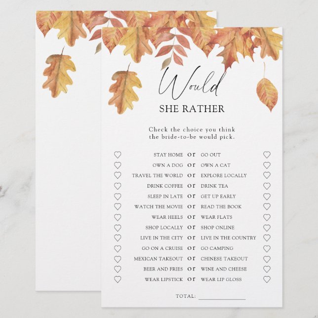 feuilles d'automne - Jeu de baby shower pour la ma (Devant / Derrière)