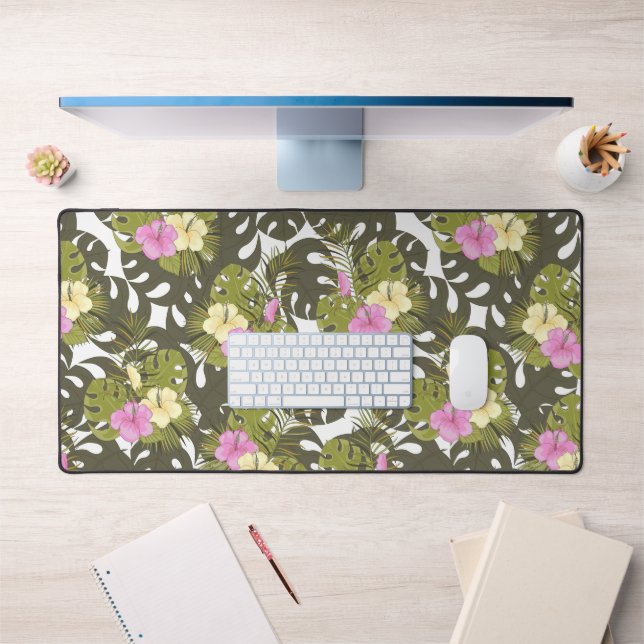 Feuilles de jungle tropicale et motif d'hibiscus (Bureau 1)