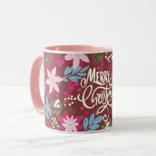 Feuilles de Noël rose violet fleuri Mug