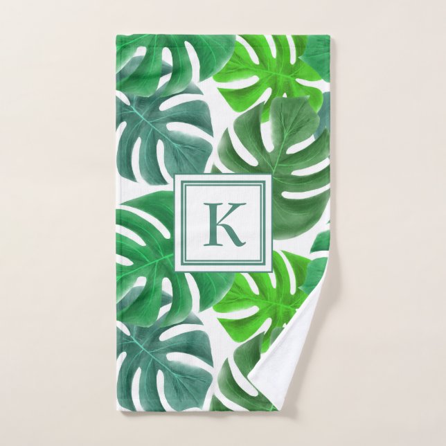 Feuilles de palmier vert monogramme moderne (Serviette à main)