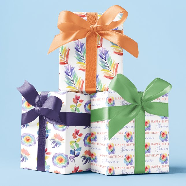 Feuilles de papier à enveloppement floral arc-en-c (Celebrate a special birthday with these personalized wrapping paper sheets! )