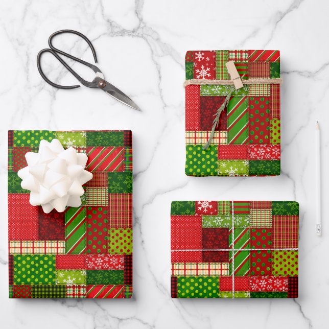 Feuilles de papier cadeau en patchwork de Noël (Recto)