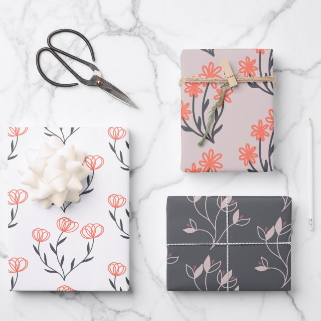 Feuilles de papier cadeau floral orange et gris (Recto)
