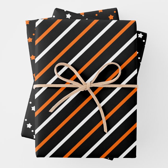 Feuilles de papier cadeau orange, noir et blanc (Orange, Black & White Multi-Pattern Wrapping Paper Sheets)