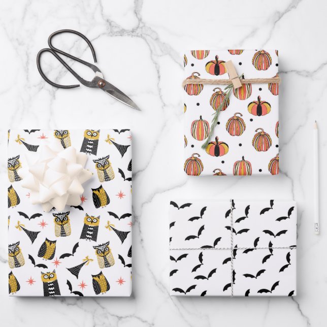 Feuilles de papier cadeau OWL-O-WEEN Halloween (Recto)
