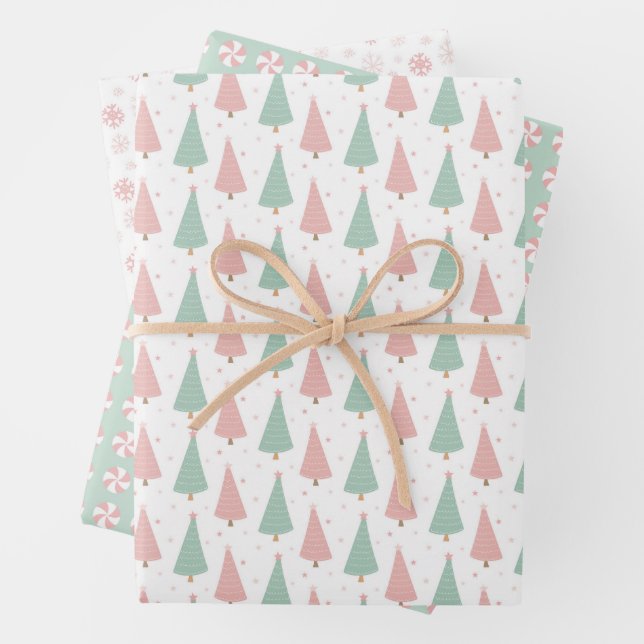 Feuilles de papier cadeau rose/menthe pour les fêt (En situation)