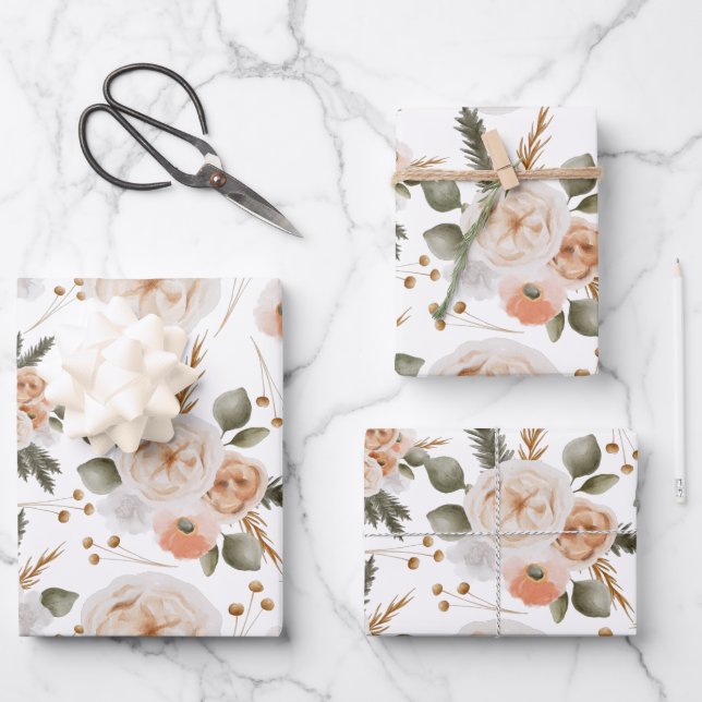 Feuilles de papier d'emballage floral pêche (Recto)