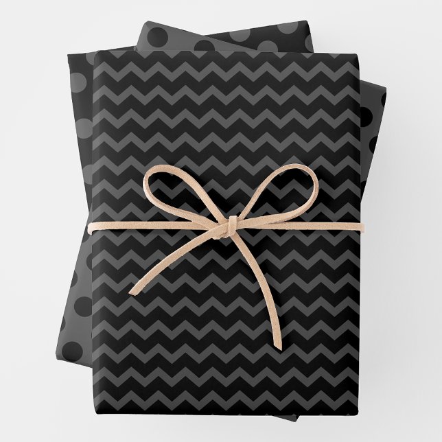 Feuilles de papier d'emballage multi-motifs gris e (Grey & Black Multi-Pattern Wrapping Paper Sheets)
