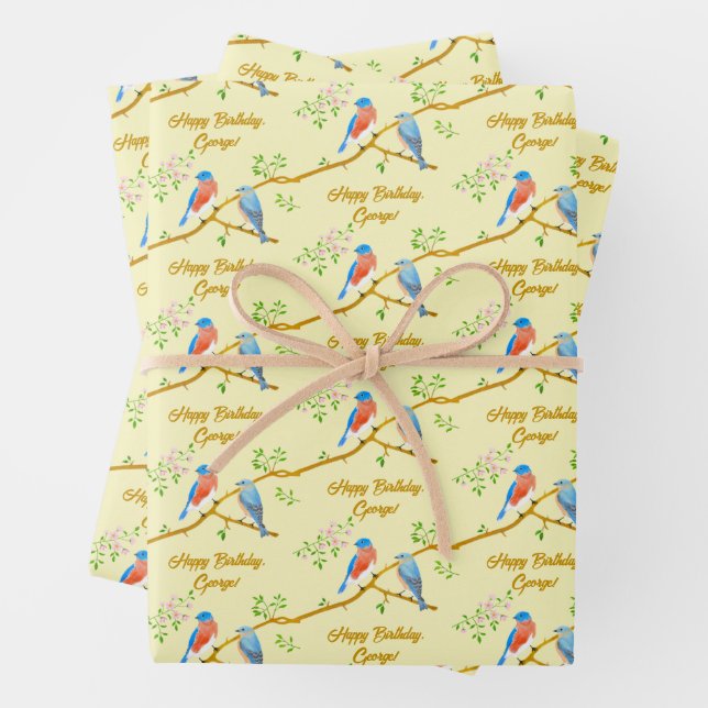 Feuilles de papier d'emballage Oiseaux bleus jaune (En situation)