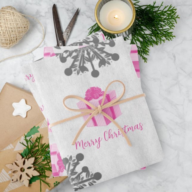 Feuilles de papier d'enveloppement cadeau de Noël  (Pink Christmas Gift Wrapping Paper Sheets)