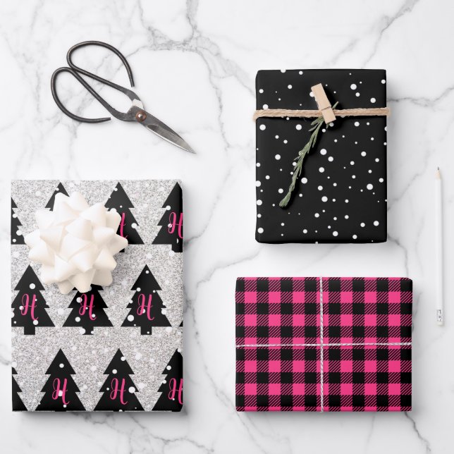 Feuilles de papier d'enveloppement Fuchsia & Black (Recto)