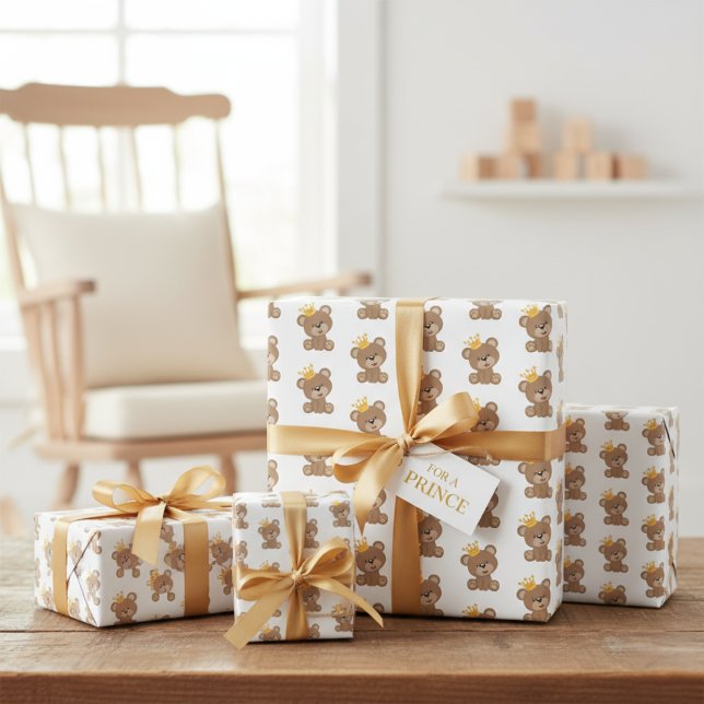 Feuilles de papier pour enveloppement d'ours en pe (Cute King Teddy Bear Wrapping Paper Sheets)