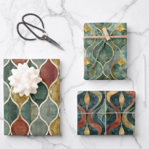 Feuilles de papier rouge, vert, or arabesque 3 env