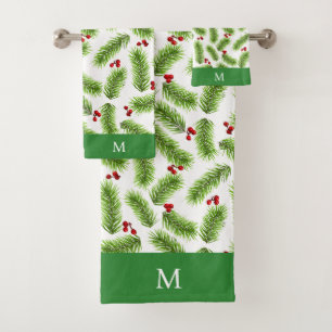 Feuilles de pin vert et baies Monogramme