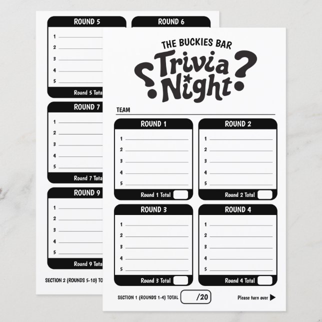 Feuilles de réponses de jeu de trivia 50 questions (Devant / Derrière)