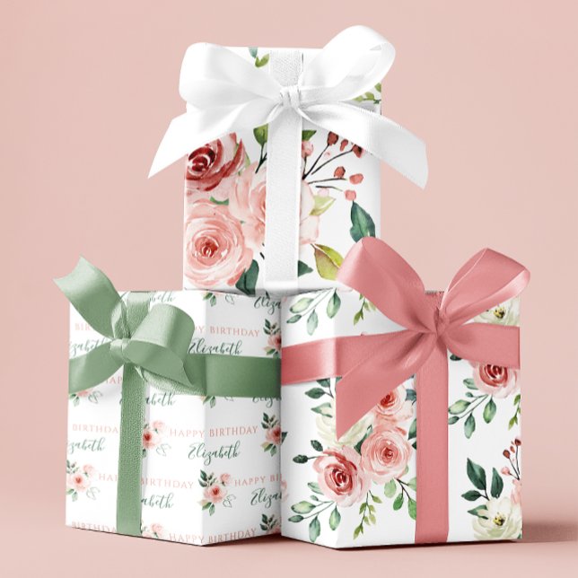 Feuilles d'emballage anniversaire rose en aquarell (Celebrate a special birthday with these watercolor pink rose personalized wrapping paper sheets! )