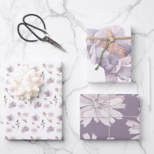 Feuilles d'emballage floral pourpre aquarelle (Recto)