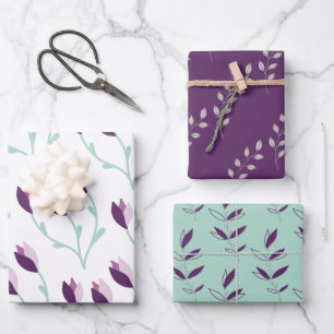 Feuilles d'emballage florales violettes et vertes