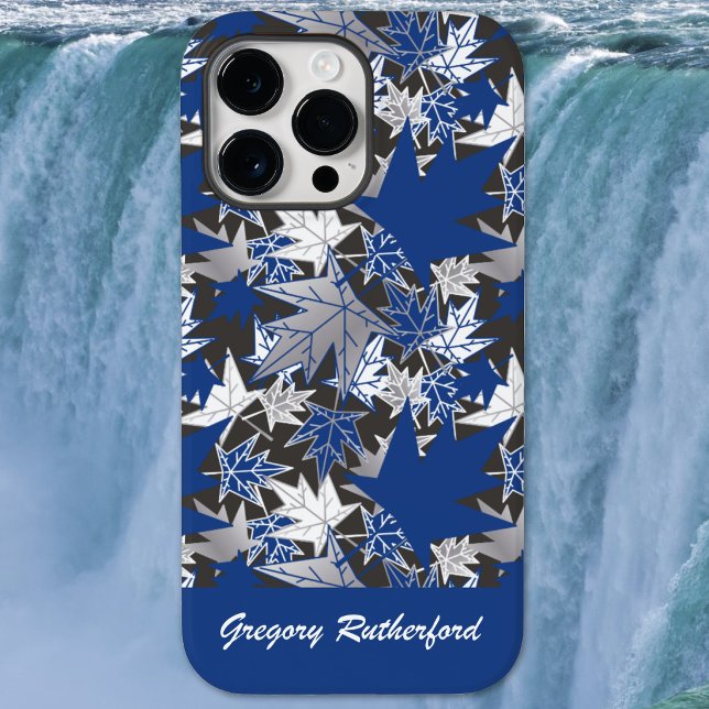 Feuilles d'érable bleues sur étui de téléphone en  (Maple Leaves - Blue-White-Gray - Phone Case)