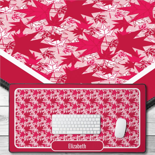 Feuilles d'érable sur fond rose (Maple Leaves - Red and White on Pink-Desk Mat)