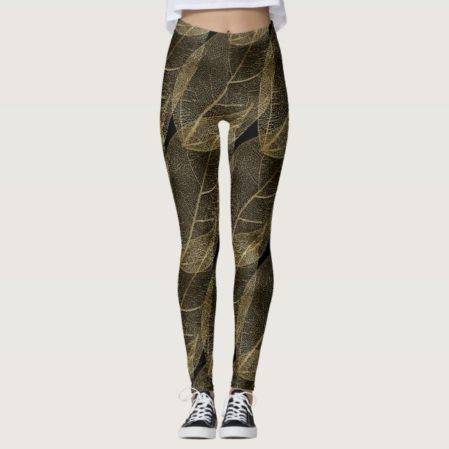 FEUILLES D'OR NOIR Motifs leggings actifs (Devant)