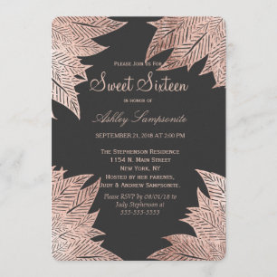 Feuilles d'or Roses sur Black Sweet 16 invitations
