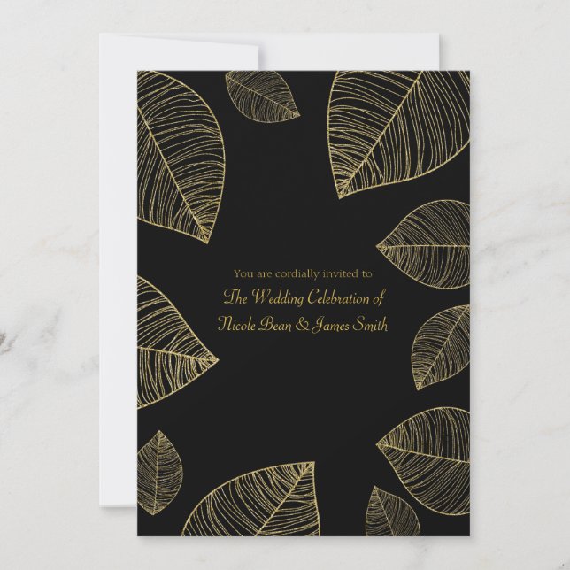 Feuilles d'or sur Black Elegant Wedding Invitation (Devant)