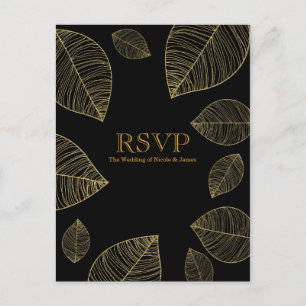 Feuilles d'or sur carte RSVP Black Elegant Wedding
