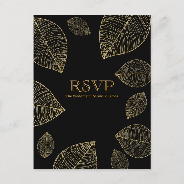 Feuilles d'or sur carte RSVP Black Elegant Wedding (Devant)