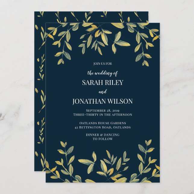 Feuilles d'or sur la Faire-part de mariage marine (Devant / Derrière)