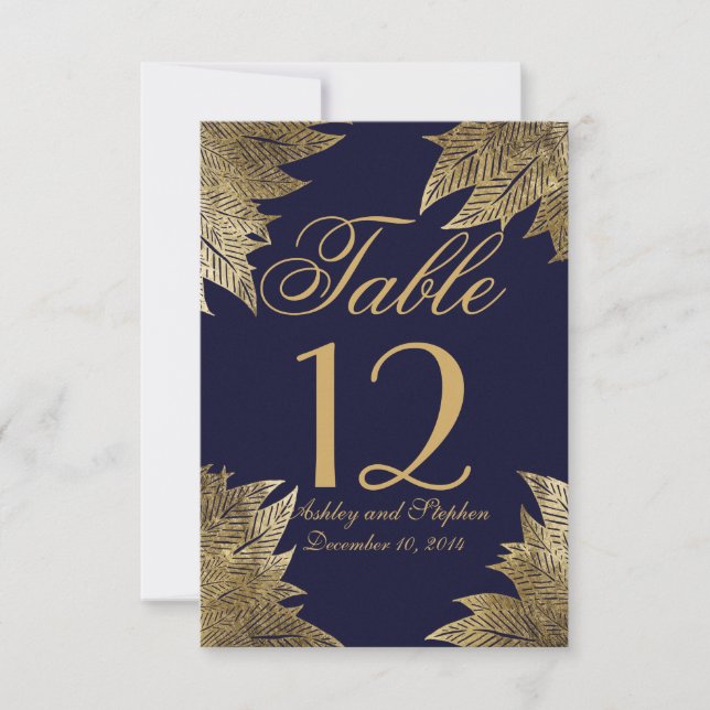 Feuilles d'or sur numéros de table en bleu marine (Devant)