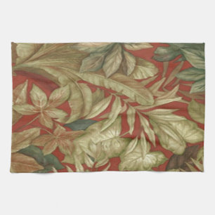 Feuilles D'Or Sur Serviette De Cuisine Rouge