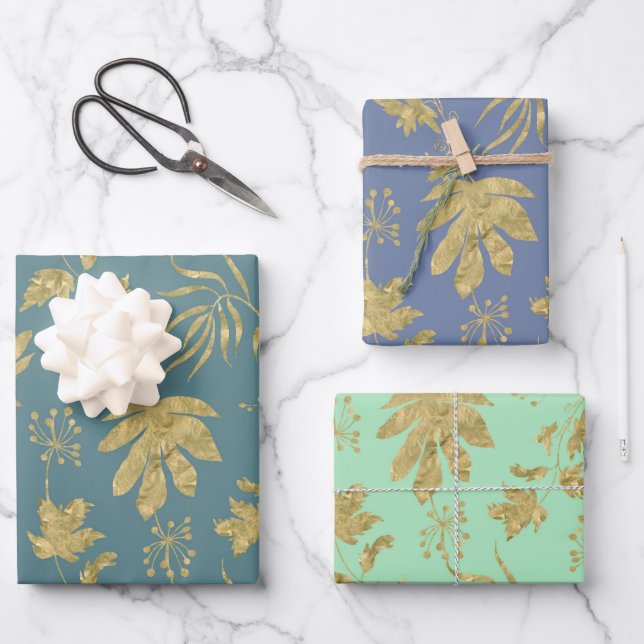 Feuilles dorées bleu vert printemps Baby Shower (Recto)