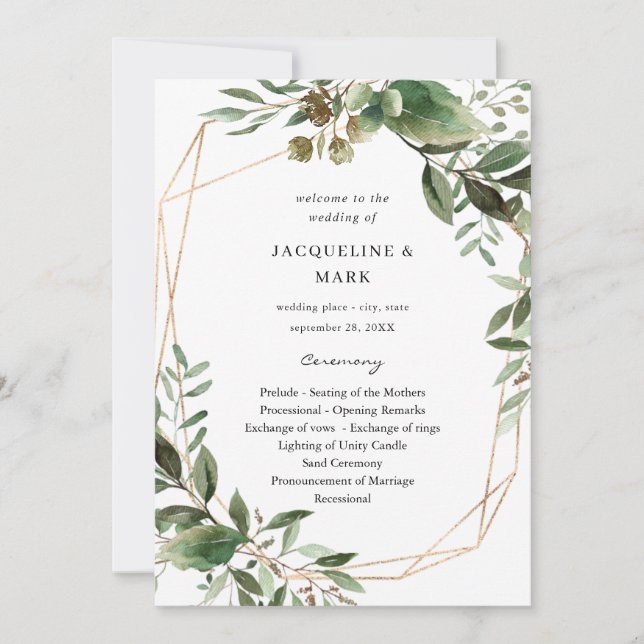 Feuilles et Eucalyptus Gold Mariage programme de c (Devant)