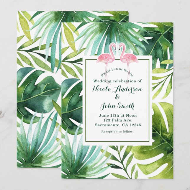 Feuilles et Flamants roses tropicaux Invitations d (Devant / Derrière)